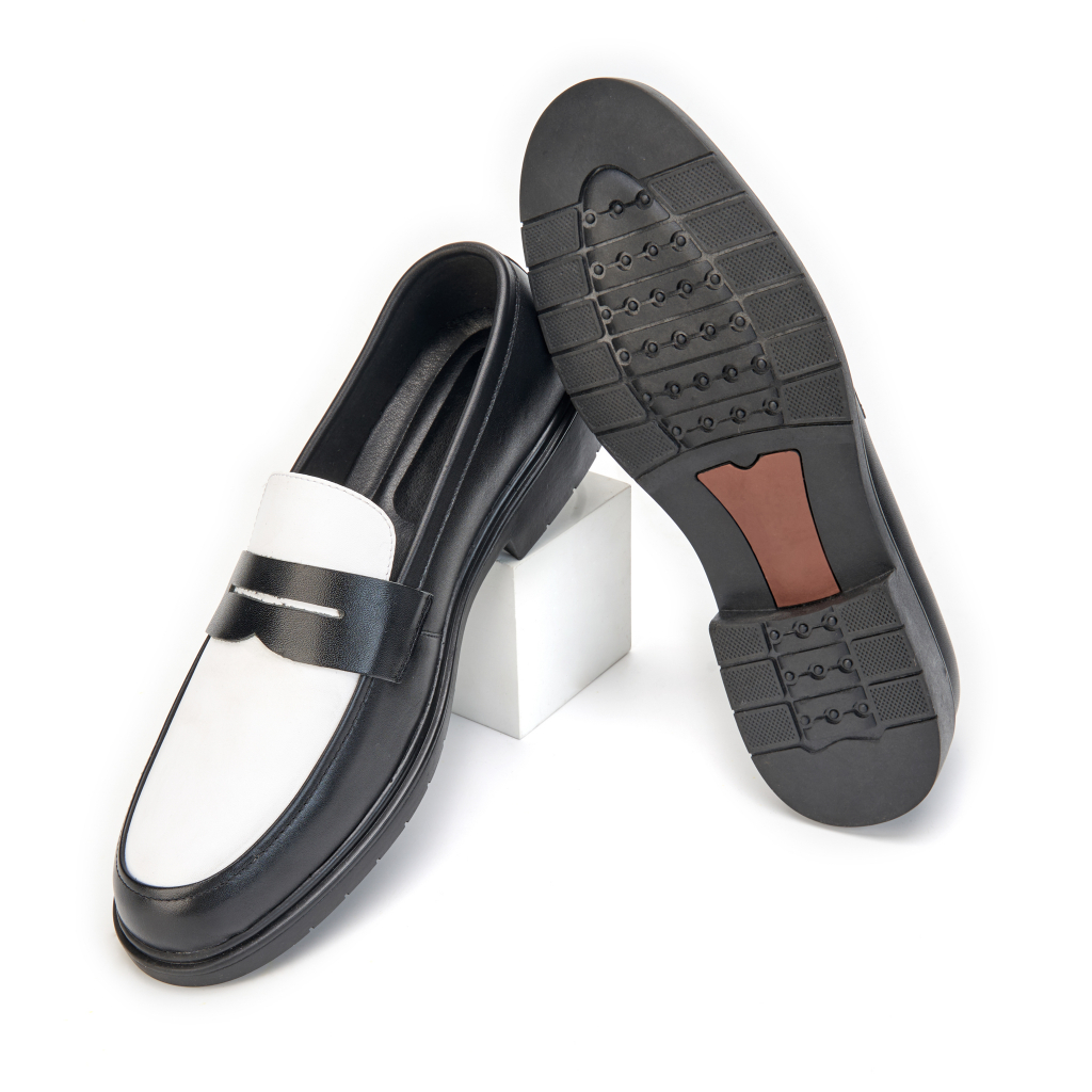 Giày Lười Nam, Giày Loafer ELEU Mũi Màu Trắng Chất Liệu Da Bò Nappa Màu Đen Kiểu Dáng Hầm Hố