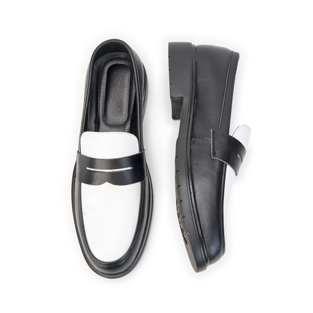 Giày Lười Nam, Giày Loafer ELEU Mũi Màu Trắng Chất Liệu Da Bò Nappa Màu Đen Kiểu Dáng Hầm Hố