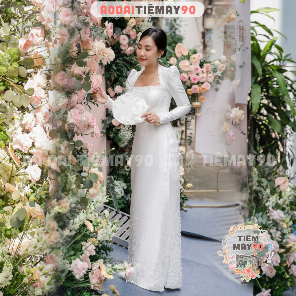 Áo dài cưới cô dâu Ngọc Nữ cổ vuông truyền thống may sẵn áo dài tay vai bồng phồng dự tiệc cưới hỏi lễ tết đẹp AD90197