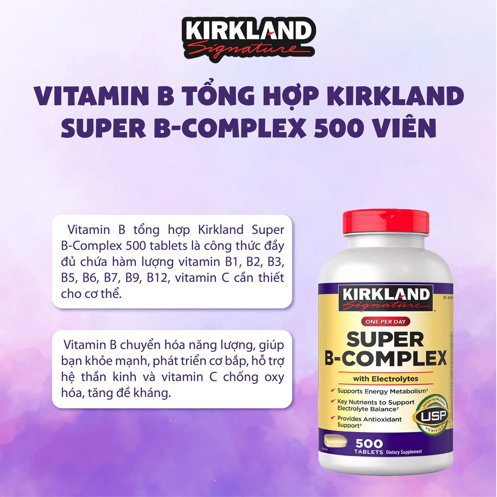 Viên uống bổ sung vitamin B Kirkland Super B-complex tăng hệ miễn dịch 500 viên extaste