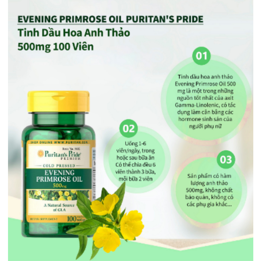 Viên uống tinh dầu hoa anh thảo Puritan's Pride Evening Primrose Oil 500MG with GLA 100 viên