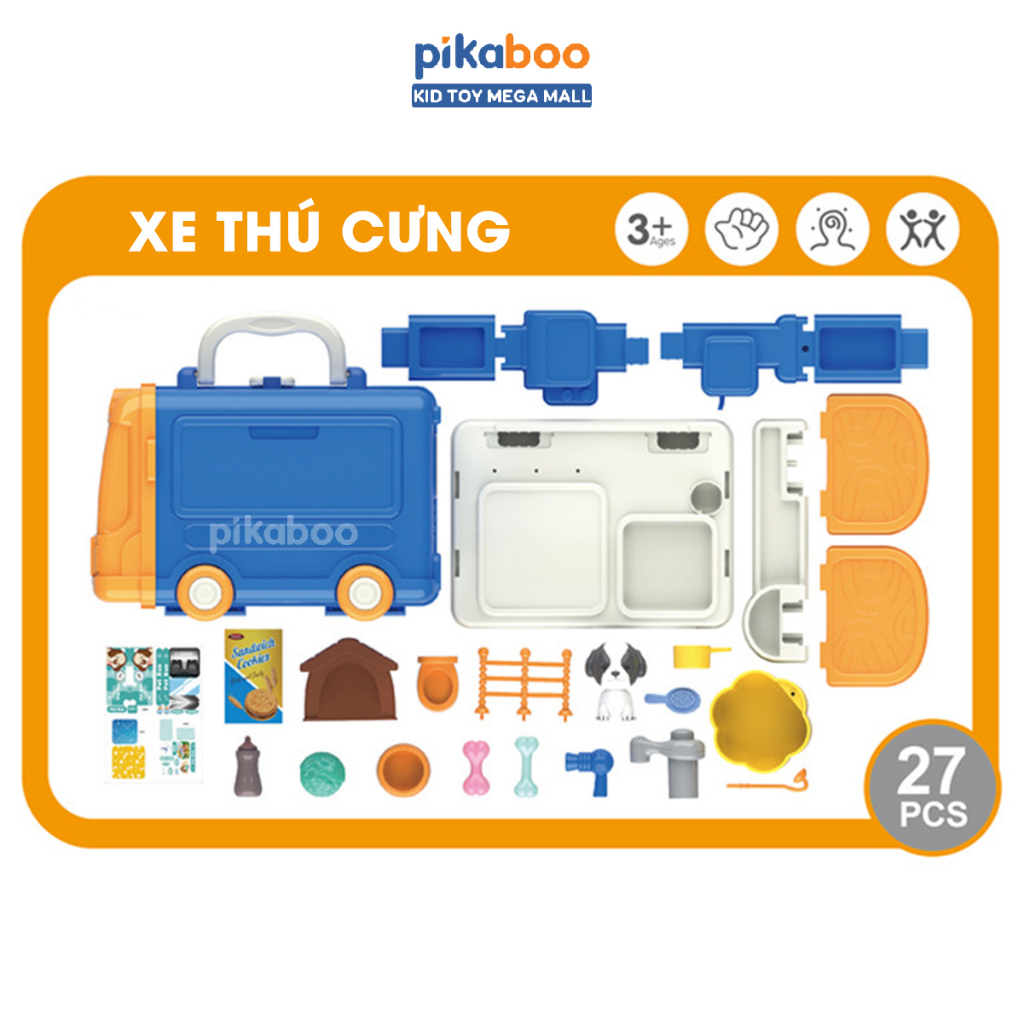 Đồ chơi nhập vai chăm sóc thú cưng 3 in 1 Pikaboo kiểu dáng ô tô, mô hình cao, thấp chất liệu nhựa ABS cao cấp an toàn