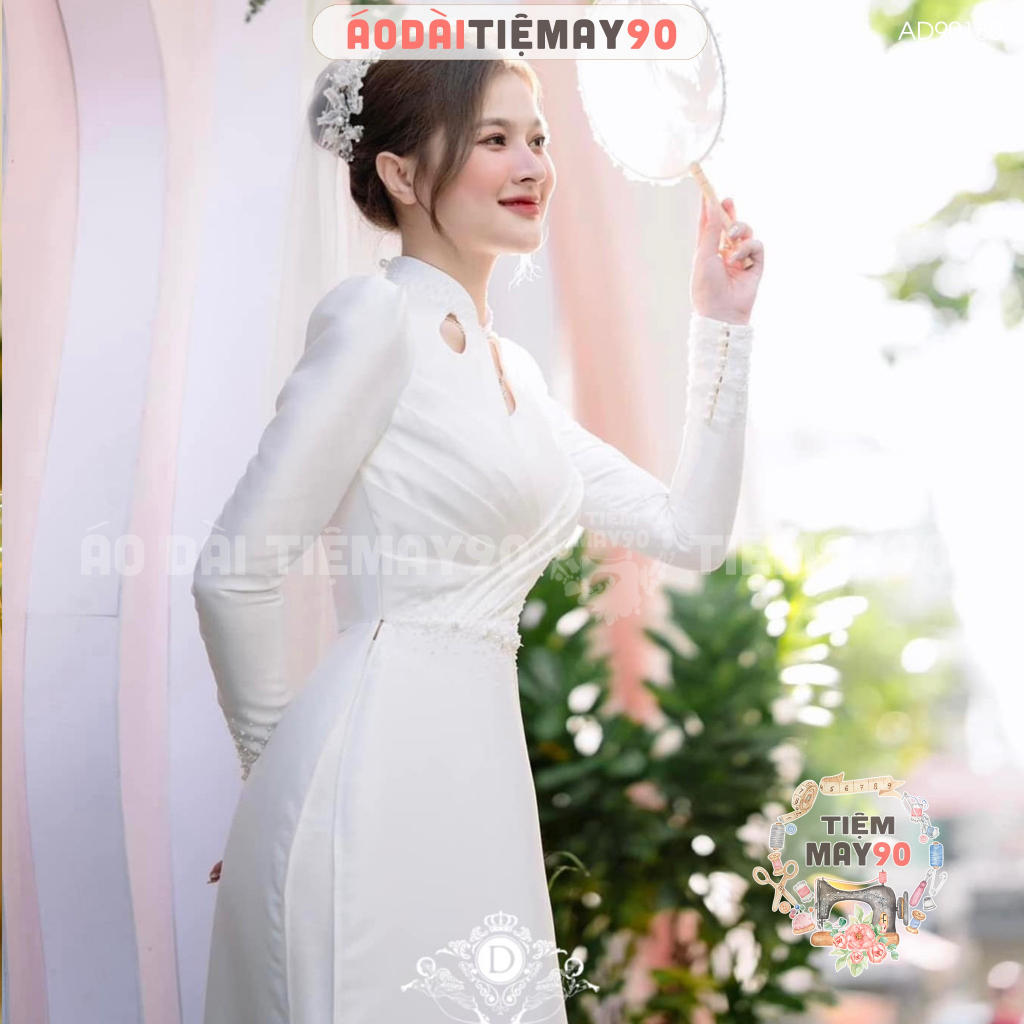 Áo dài Cưới cổ 3 giọt lệ tai vai bồng tiệm may sẵn áo dài cô dâu xếp ly eo đính ngọc dự tiệc đám hỏi lễ tết đẹp AD90180