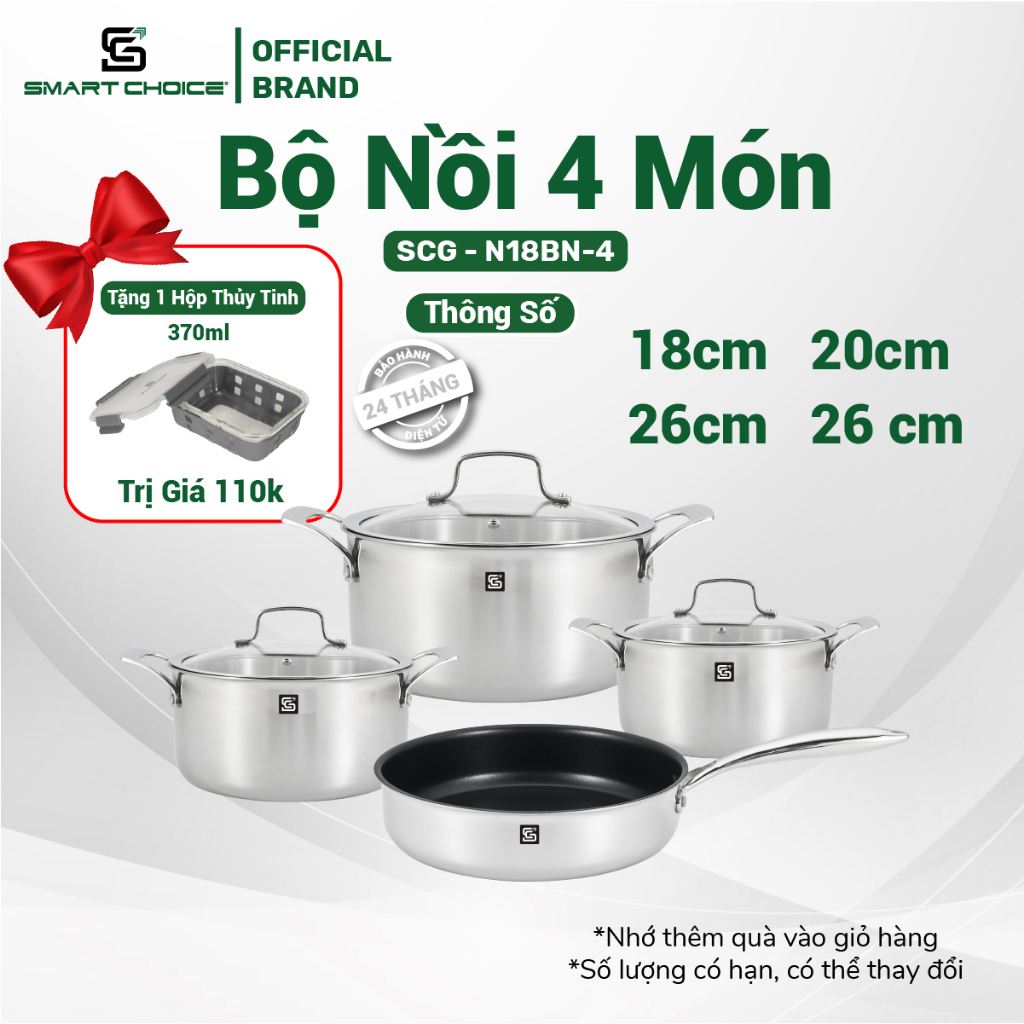 Bộ Nồi Chảo Inox 304 SmartChoice Liền Khối 3 Đáy Cao Cấp Size 18-20-24-26 Chảo 26cm