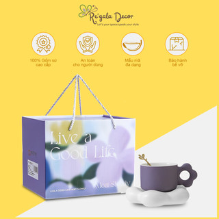  Set 3 Món Cốc Sứ Re'gala Decor - Cốc Sứ Cao Cấp Kèm Đĩa Và Thìa Cùng 4 Màu Siêu Xinh, Siêu Sang Chảnh