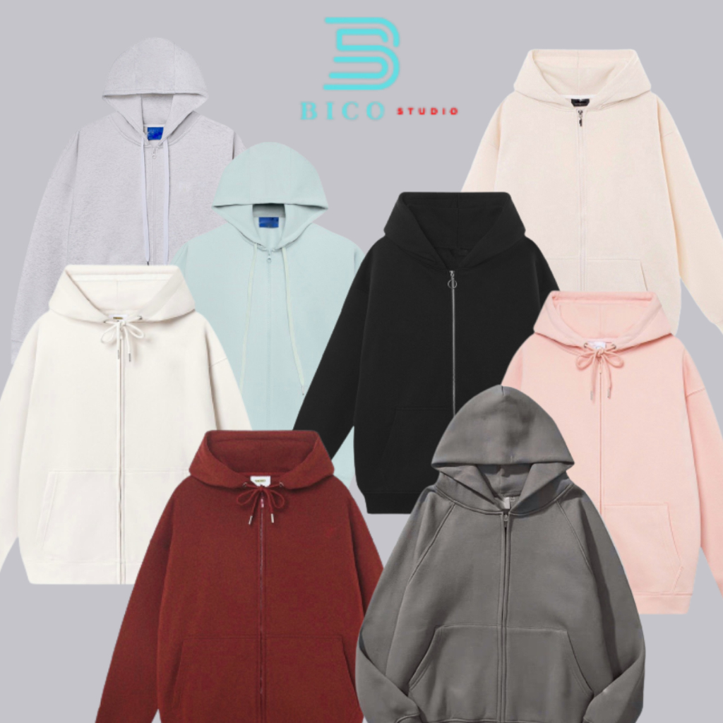 Áo khoác nỉ hoodie zip trơn,chất dày dặn ,mềm mịn siêu xịn xò ,chuẩn fomr, nhiều màu, chuẩn hàng quảng châu Bico Studio