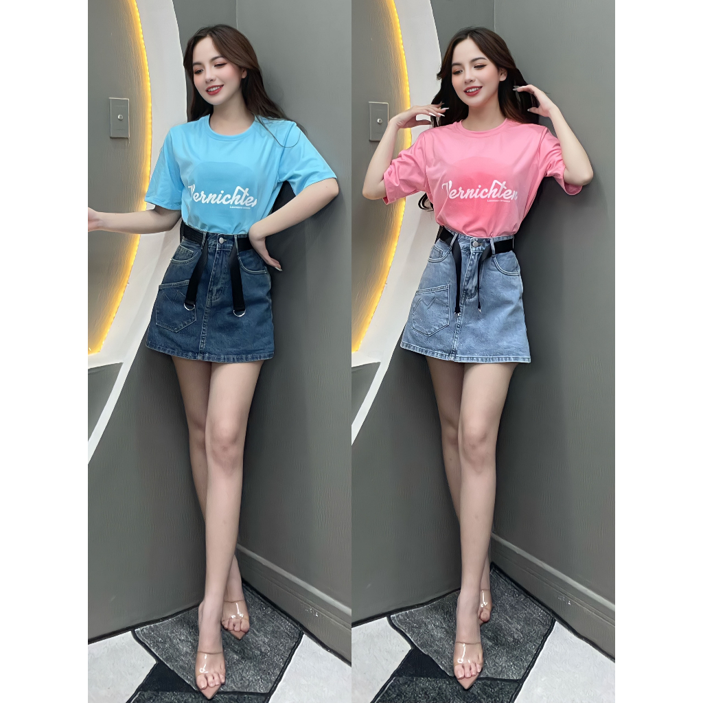 Set Thiết Kế Áo Thun Tay Ngắn Phối Chân Váy Jean (kèm dây) T1421 - Thanh Tự
