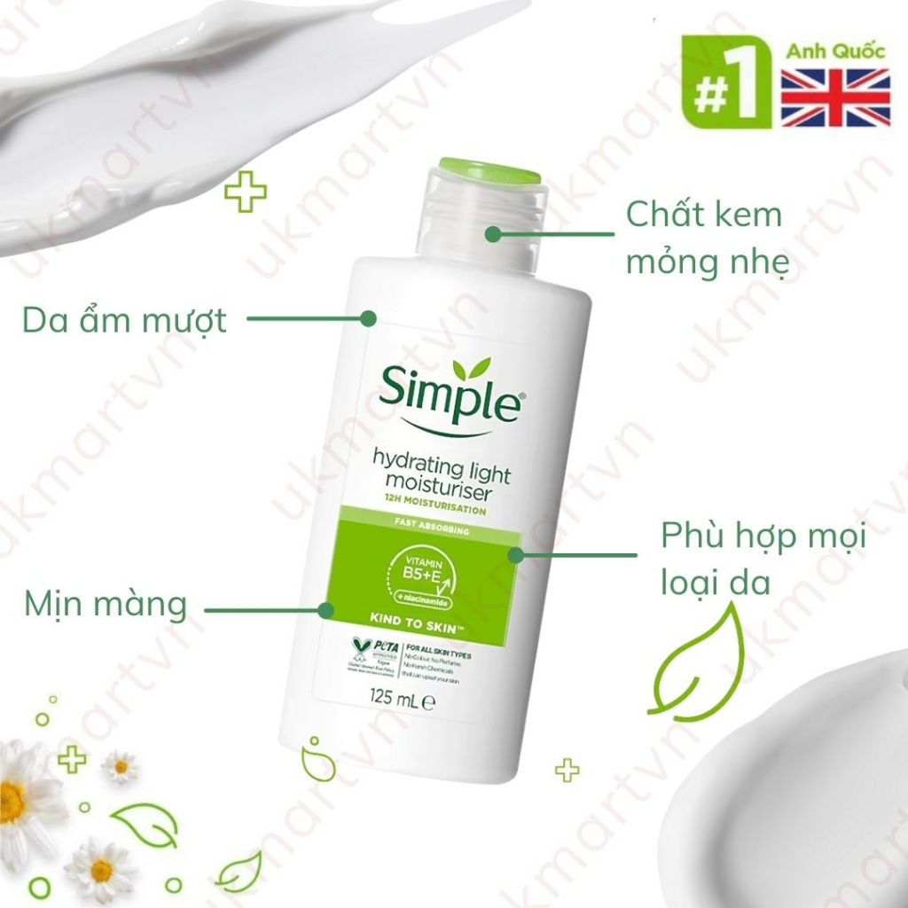 Sữa Dưỡng Da Simple Kind To Skin Hydrating Light Moisturiser 125ml Dưỡng Ẩm 12H Cho Làn Da Nhạy Cảm