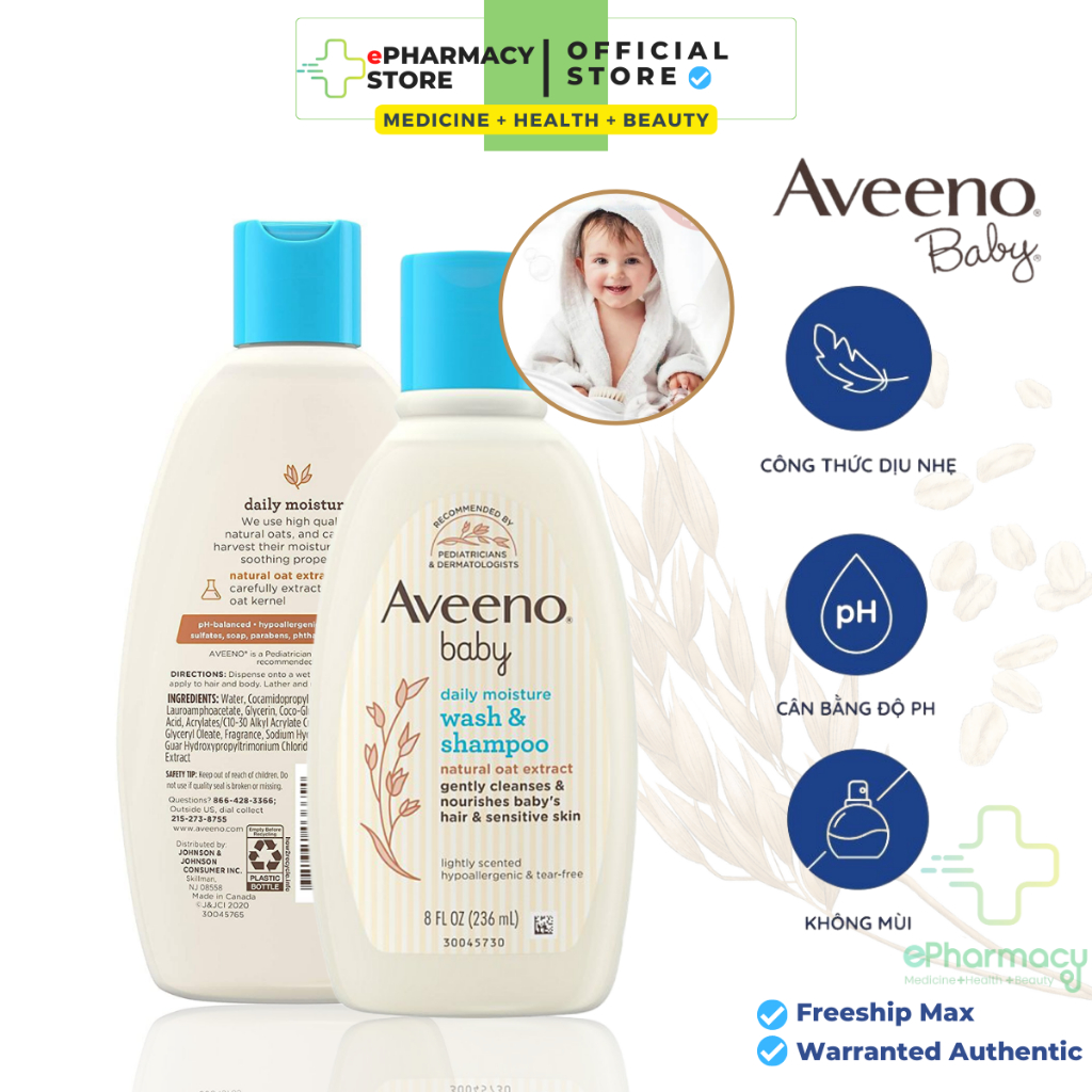 Sữa tắm gội Aveeno Baby daily moisture wash & shampoo - Sữa tắm Aveeno baby toàn thân 236ml 2IN1