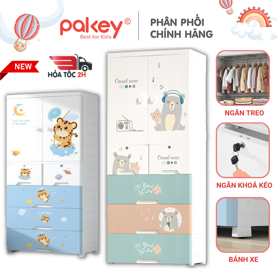 Tủ Để Đồ Có Ngăn Treo Chính Hãng Pakey - Tủ Nhựa Cho Bé Dày Dặn Bảo Hành 1 Năm - Tủ Quần Áo Có Bánh Xe Tiện Lợi
