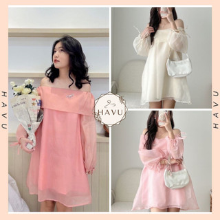Váy voan tơ trễ vai babydoll màu hồng , trắng tiểu thư