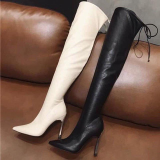 Boot đùi nữ da lì gót 5p khóa sau cổ dáng dây buộc