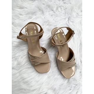 Giày cao gót sandal nữ đế vuông 5cm và 7cm - giày bánh bèo sandal quai ngang xếp ly đính đá đế vuông cao 5cm ,7cm