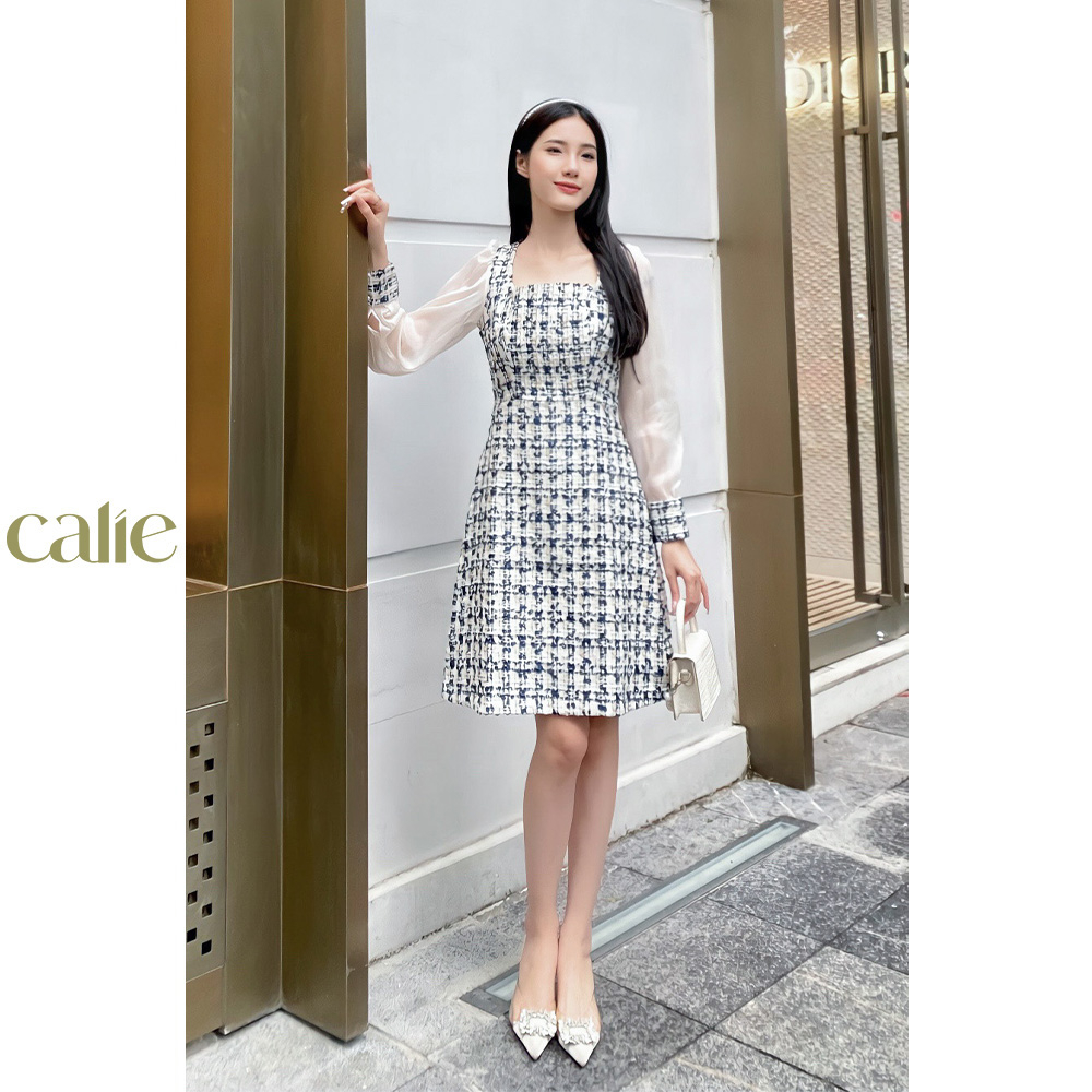 Váy nữ dáng A dạ tweed kẻ phối tay voan trẻ trung CALIE VA229