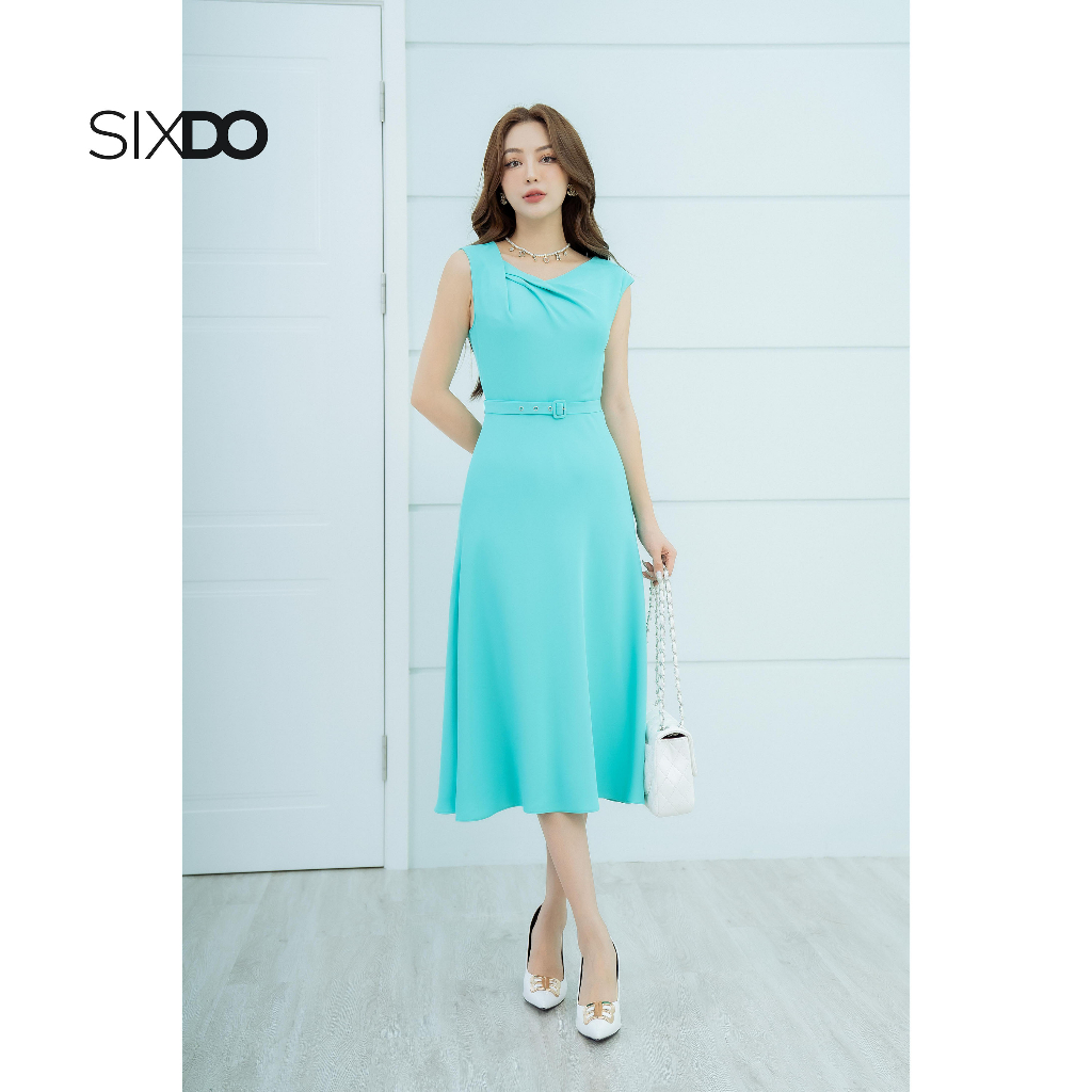 Đầm lụa midi màu ngọc lam có thắt lưng thời trang SIXDO (Turquoise Midi Silk Dress With Belt)