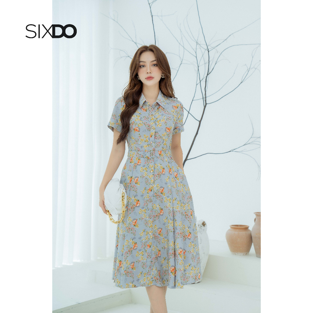 Đầm sơ mi xanh xám hoa nhí phối thắt lưng SIXDO (Blue-grey Floral Horn-buttons Midi Woven Dress)