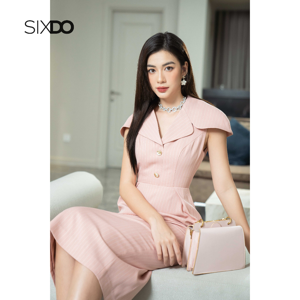 Đầm midi dệt thoi dáng bút chì kẻ hồng thời trang SIXDO (Pink Stripe Cape Midi Woven Dress)