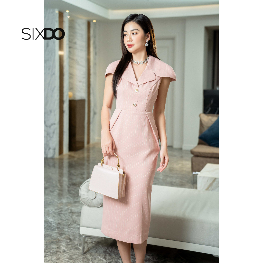 Đầm midi dệt thoi dáng bút chì kẻ hồng thời trang SIXDO (Pink Stripe Cape Midi Woven Dress)