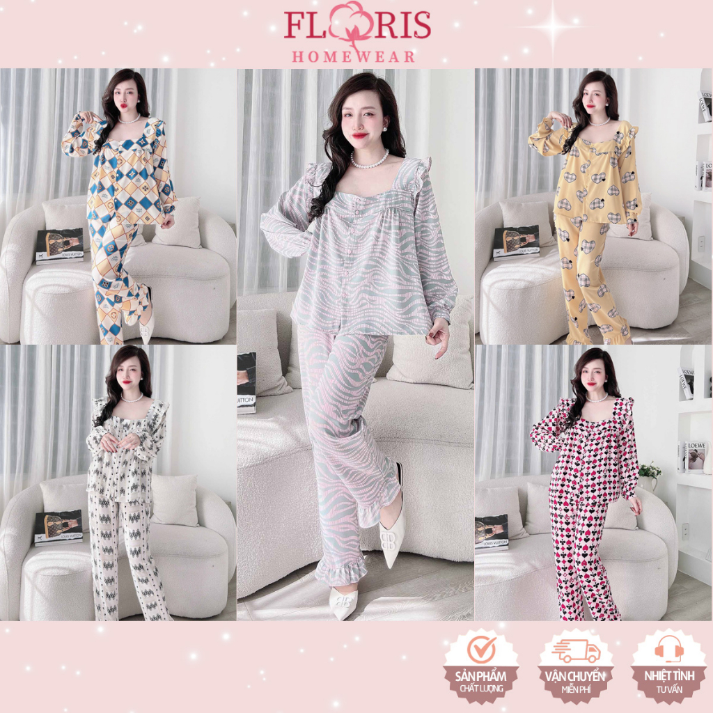 Đồ ngủ mặc nhà pijama nữ tay dài quần dài cổ vuông có dây thắt nơ Floris - Đồ ngủ lụa mango mềm mịn, sang trọng