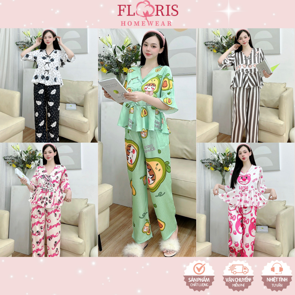 Bộ Pizama thiết kế 5D lụa tay lửng quần dài - Bộ ngủ chất vải xước ánh kim mềm mại, thoải mái