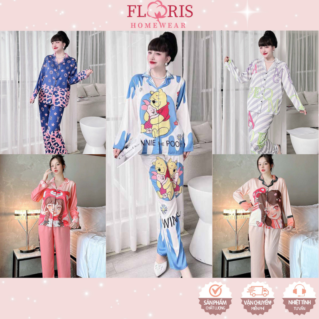 Bộ đồ ngủ Pijama mặc nhà lụa Latin tay dài quần dài in 5D cao cấp Floris chất vải mềm trơn mịn mát