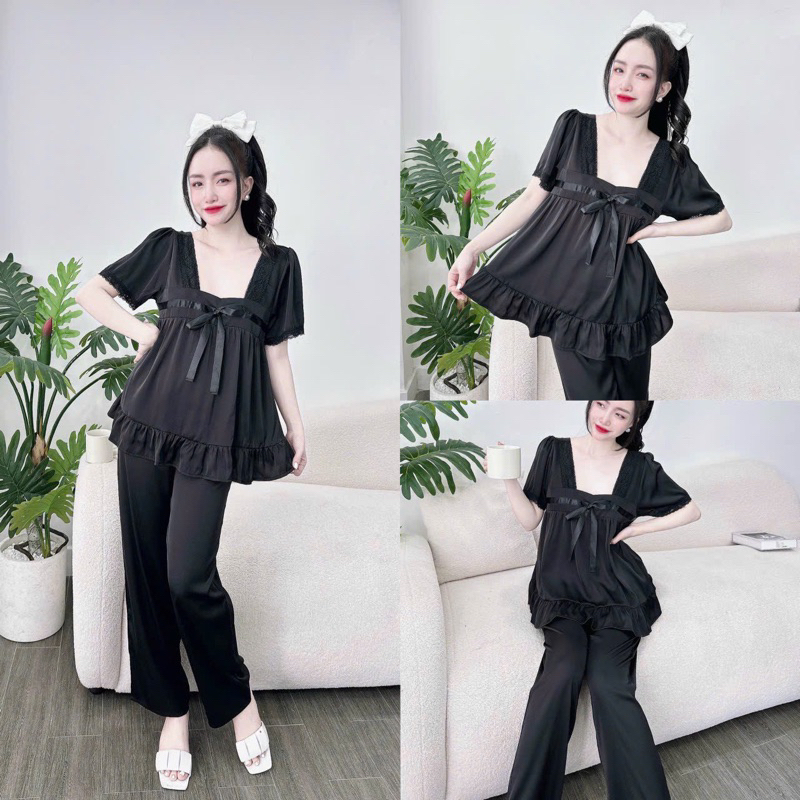 Bộ pyjama mặc nhà tay ngắn quần dài cổ vuông phối ren lụa xước ánh kim freesize 40-60kg - CHUN'S SLEEPWEAR