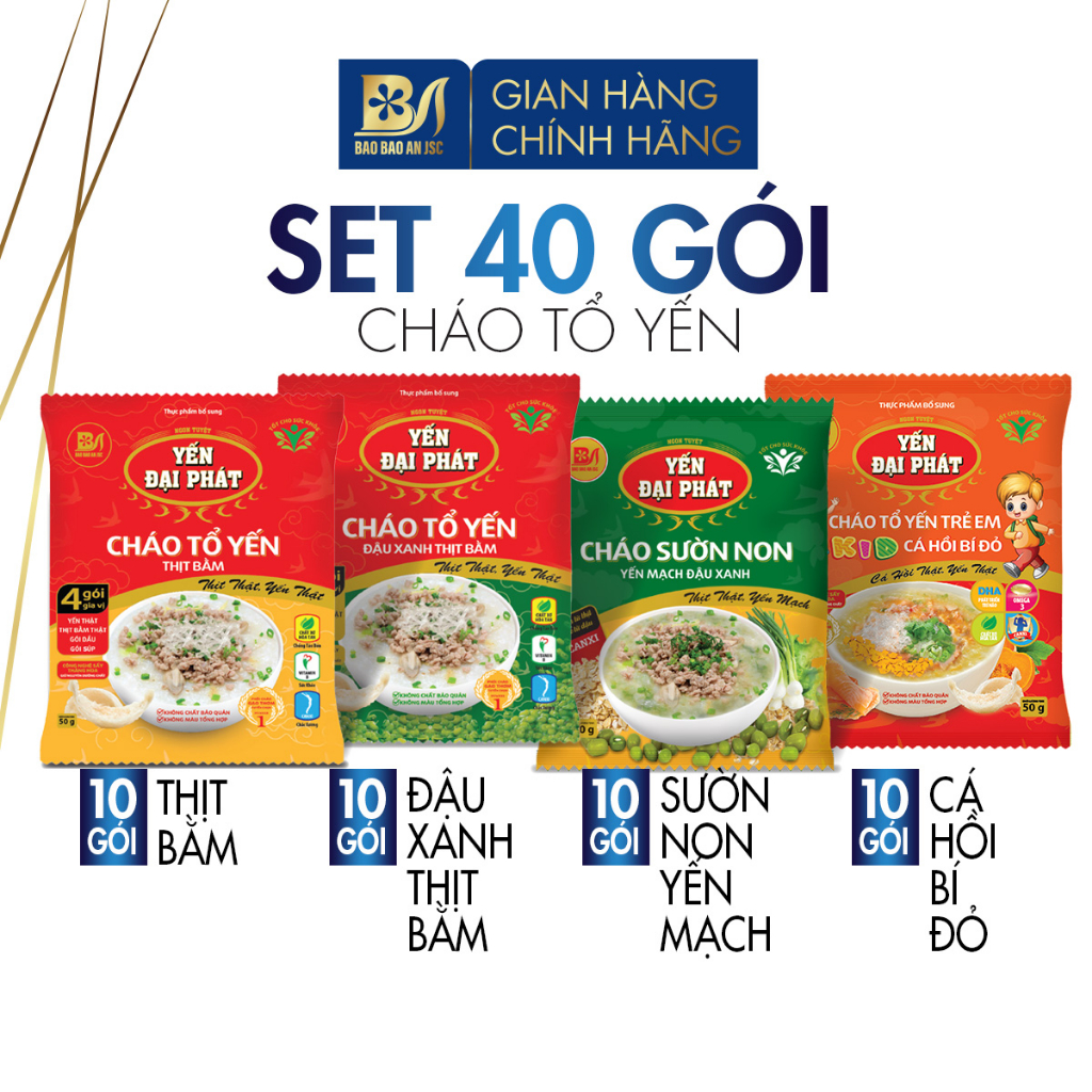 Set 40 Gói Cháo Mix Vị Thịt Bằm- Đậu Xanh - Sườn Non-Cá Hồi - Yến Đại Phát