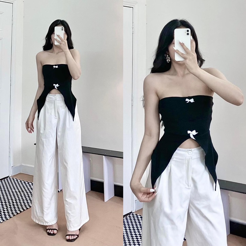 ÁO ỐNG QUÂY_ áo quây nơ xẻ tà HUOL.oi