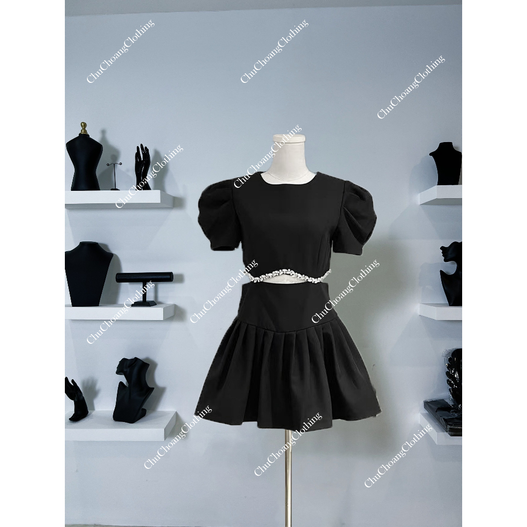 Váy thiết kế dáng xoè tiểu thư tay bồng cut eo đính đá sang chảnh