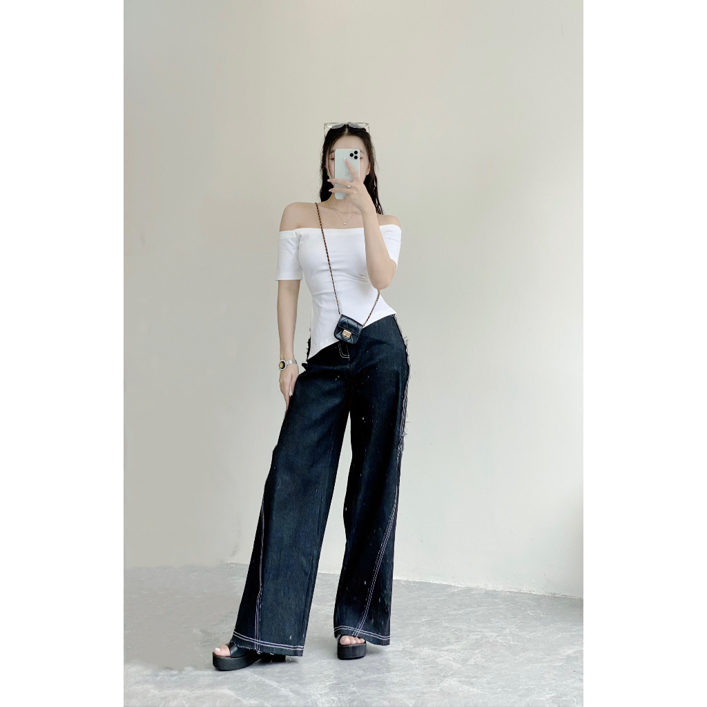 Quần Jeans Viền Chỉ Ống Rộng Lưng Cao Hack Dáng - HIMA PANTS - GOÛT DE JUN