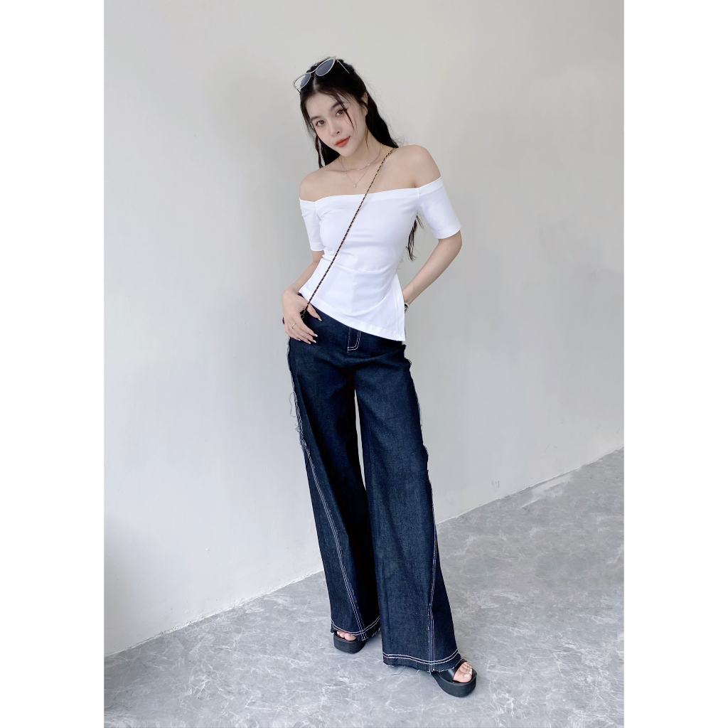 Quần Jeans Viền Chỉ Ống Rộng Lưng Cao Hack Dáng - HIMA PANTS - GOÛT DE JUN