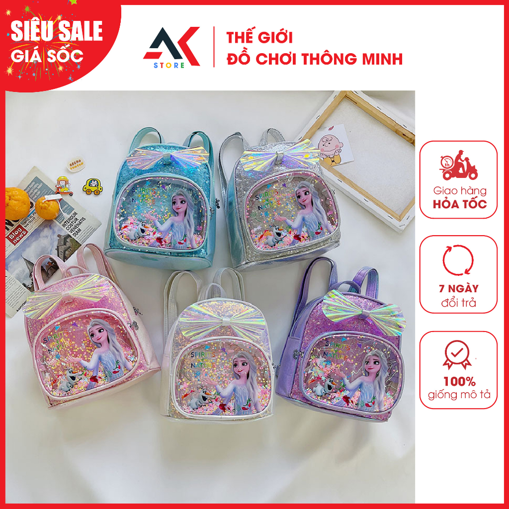 Balo Đi Học Đi Chơi Cho Bé Gái Hình Elsa Phối Kim Sa Đính Nơ Balo Thời Trang Cho Bé 1-5 Tuổi