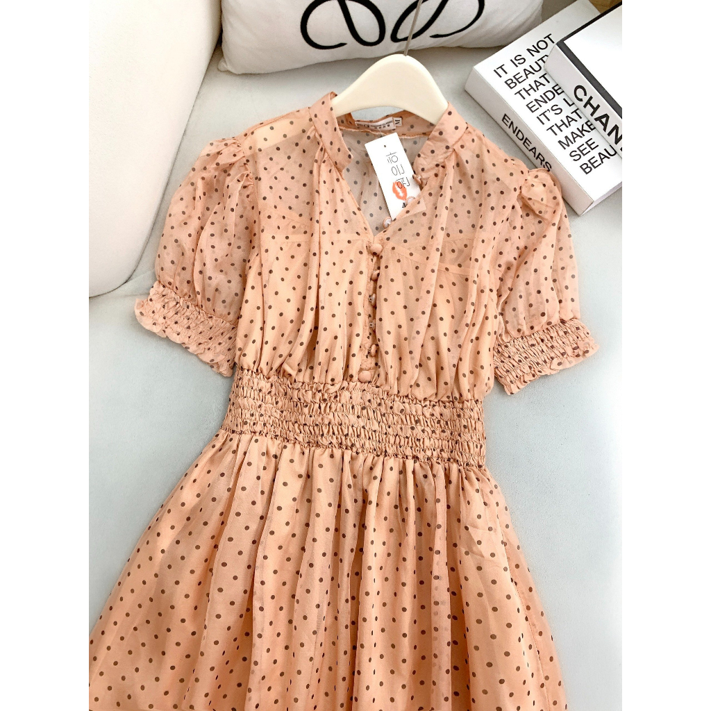 Váy nữ dài chấm bi vải voan thanh lịch