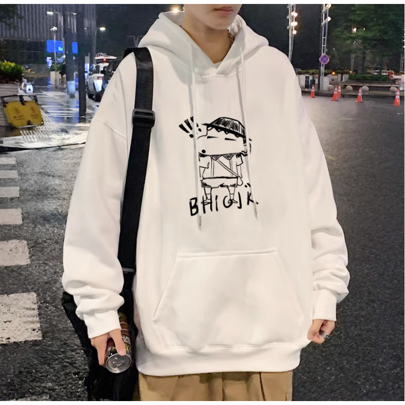 Áo Hoodie Nỉ Form Rộng Phối Mũ Hai Lớp In Họa Tiết Shin BHI Trẻ Trung Năng Động, Chất Liệu Nỉ Ngoại 