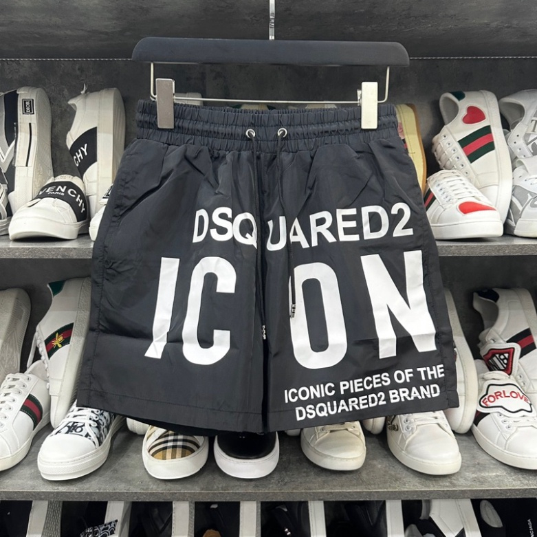 Quần short gió nam Dsq2 đen in chữ ICON trắng cạp chun dây thắt lót lưới thoáng mát cao cấp QS64P
