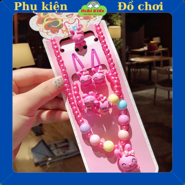 Bộ phụ kiện 7 món trang điểm cho bé gái. bộ trang sức vòng cổ, tay, nhẫn, kẹp tóc, dây buộc tóc