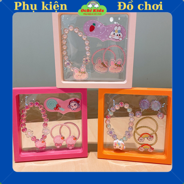 Bộ quà tặng gồm vòng tay, dây buộc tóc, kẹp mái bản to cho bé gái dễ thương