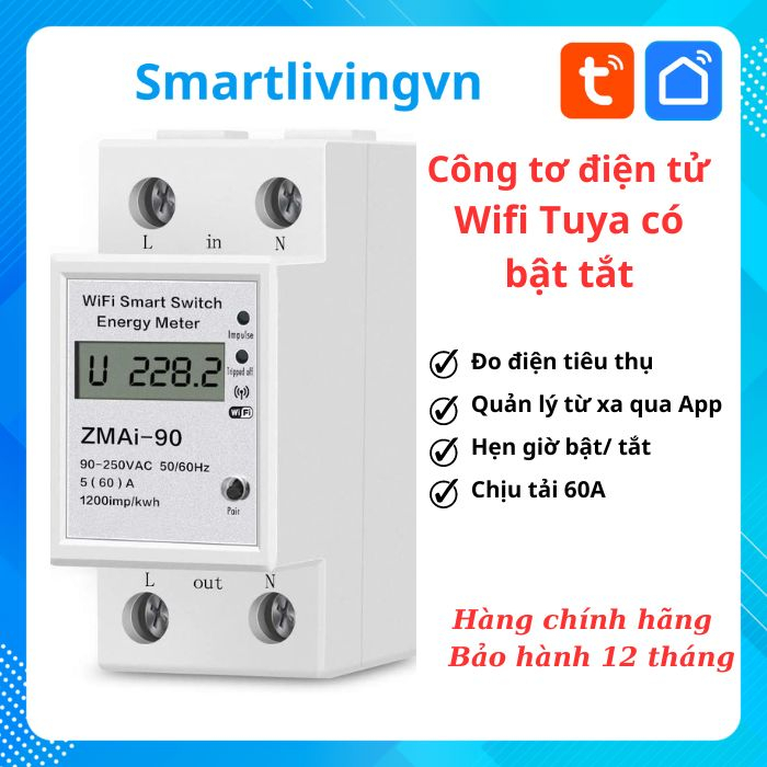 Công tơ điện tử 60A Bật/Tắt nguồn Wifi Tuya