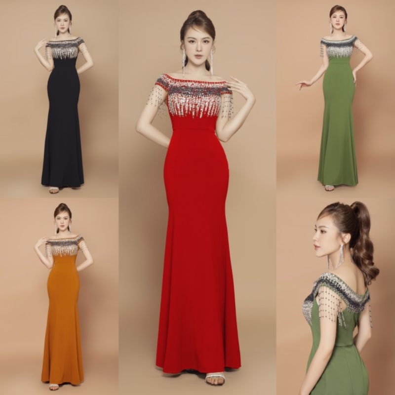 Đầm dạ hội đuôi cá trễ vai kết đá tua rua cao cấp hàng chính chủ-PT TẶNG KÈM HOA TAI THỜI TRANG