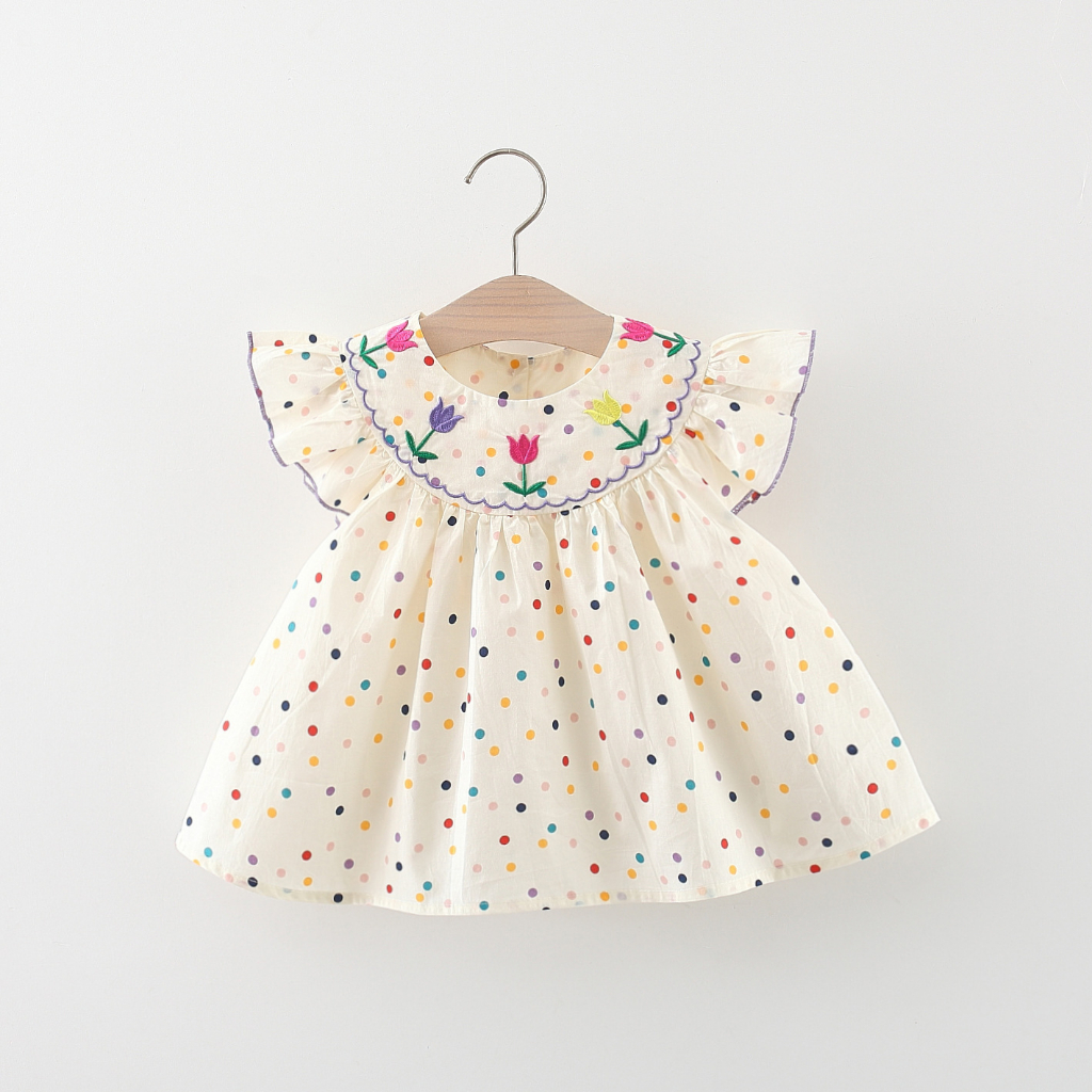 (Mẫu mới) Váy babydoll bé gái 7-12kg tay cánh tiên Đầm bé gái chấm bi hoạ tiết thêu hoa BÍ NGÔ NHỎ D879