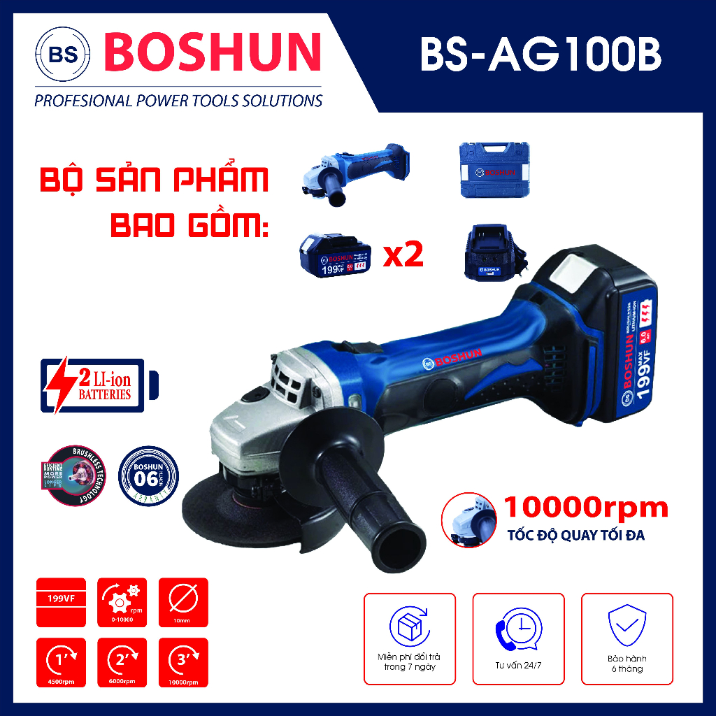 Máy mài pin BOSHUN BS-AG100B Pin 10 Cell - Không chổi than , tốc độ tải lớn