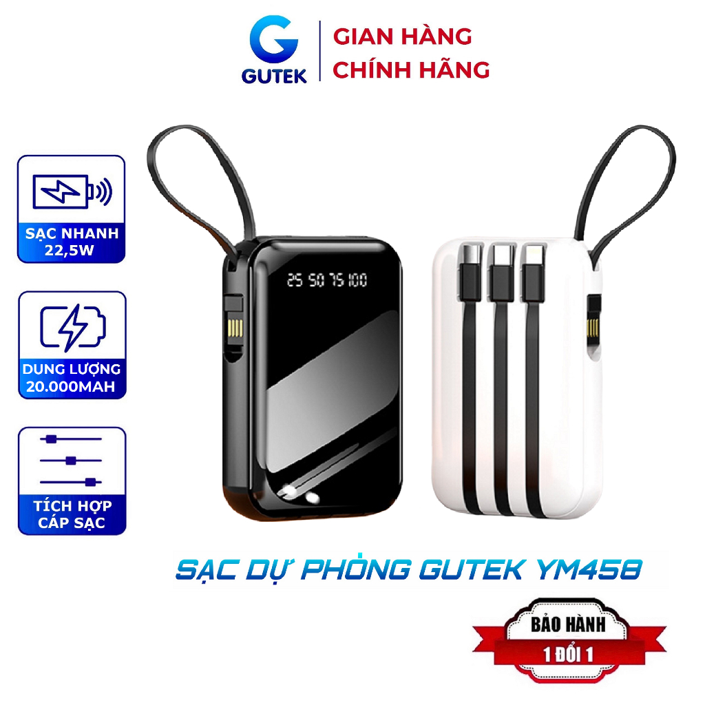 Sạc dự phòng pin 20000mAh Gutek YM458 dung lượng lớn tích hợp dây sạc nhanh cho nhiều thiết bị điện thoại