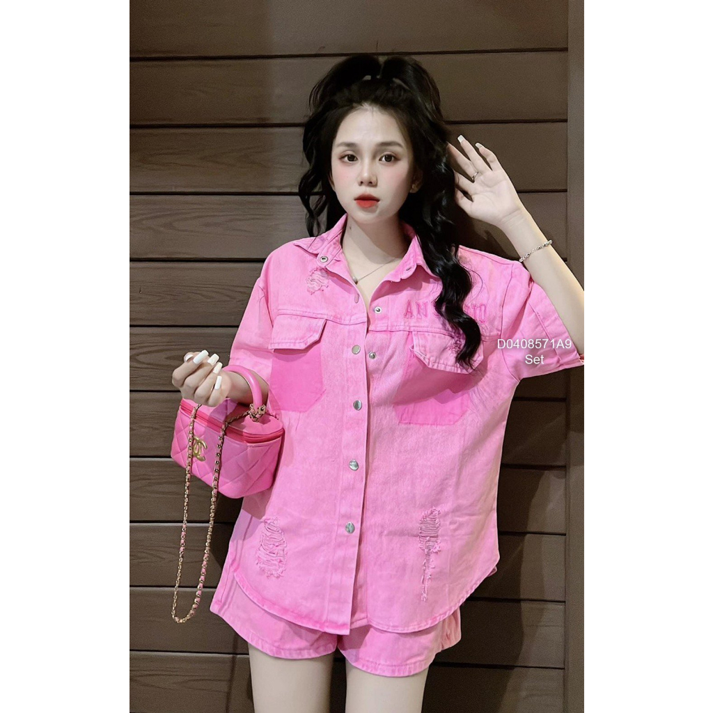 Set bộ jean áo sơ mi ngực đắp túi nắp kèm quần short