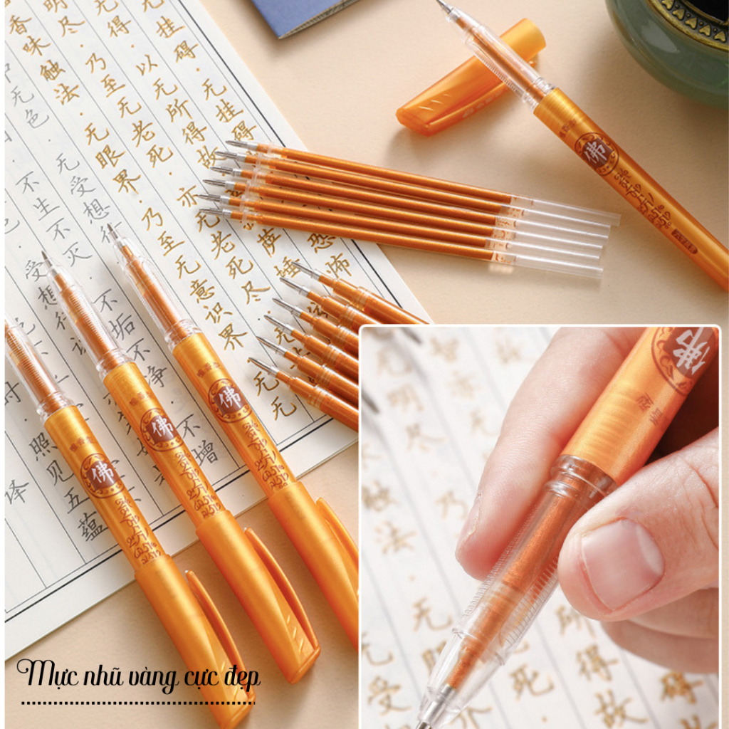 Bút Gel Nước Mực Nhũ Vàng, Bút Mực Nhũ Ngòi To, Nhỏ, Viết Đè Chữ Cực Đẹp