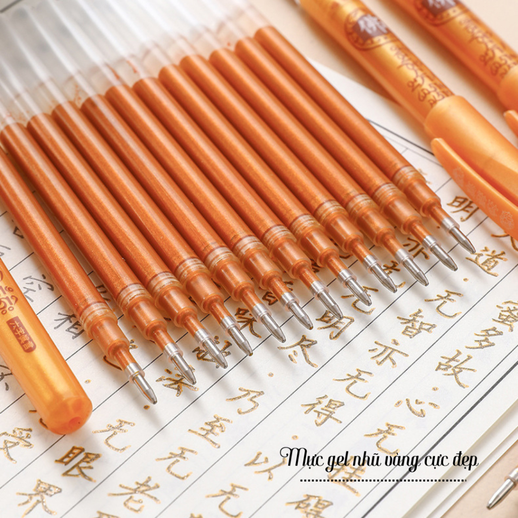 Bút Gel Nước Mực Nhũ Vàng, Bút Mực Nhũ Ngòi To, Nhỏ, Viết Đè Chữ Cực Đẹp
