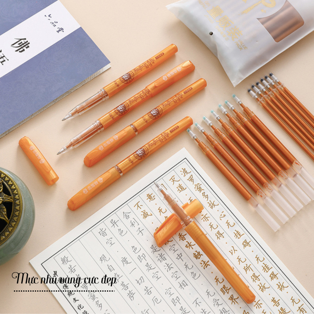 Bút Gel Nước Mực Nhũ Vàng, Bút Mực Nhũ Ngòi To, Nhỏ, Viết Đè Chữ Cực Đẹp