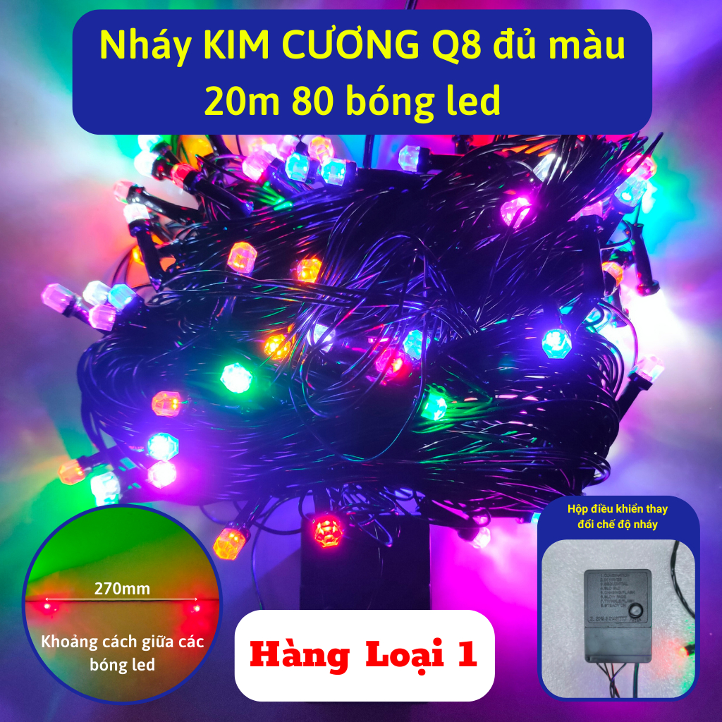 Dây đèn led nháy kim cương Q8 cao cấp 10m,20m,40m,50m bóng led to,có hộp điều khiển nhiều chế độ nháy trang đào quất