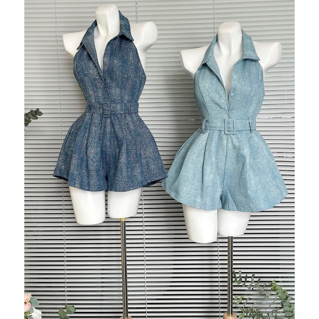 JUMPSUIT JEAN XƯỢC CỔ YẾM SÁT NÁCH QUẦN SHORT ĐÙI 2 MÀU (TH) ONEC