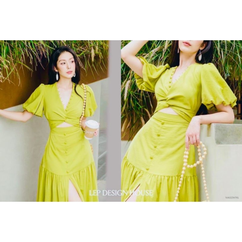 Đầm maxi xanh bơ viền nút hở eo tay bồng cực lạ và xinh xắn