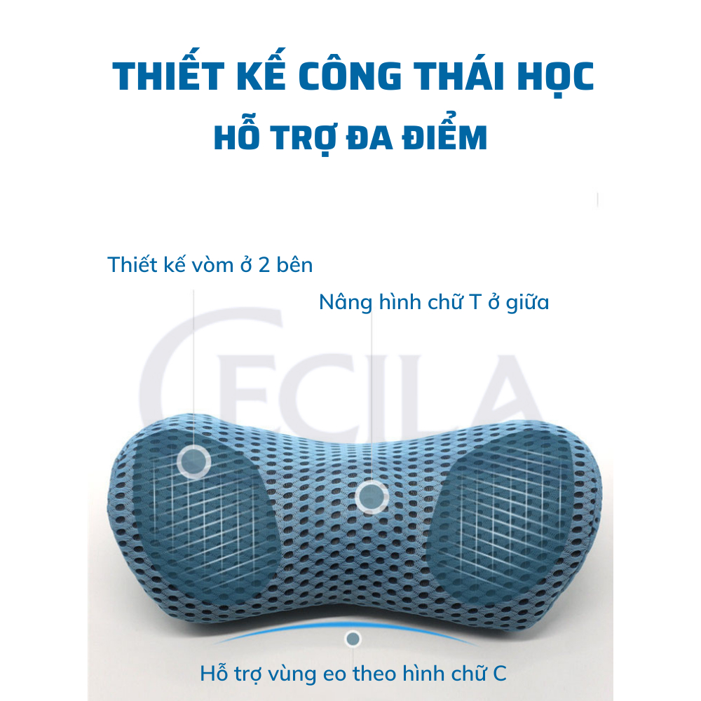 Gối kê lưng CECILA cho người thoát vị đĩa đệm, bà bầu, người đau mỏi thắt lưng. Chất liệu cao su non vỏ 4D thoáng khí.